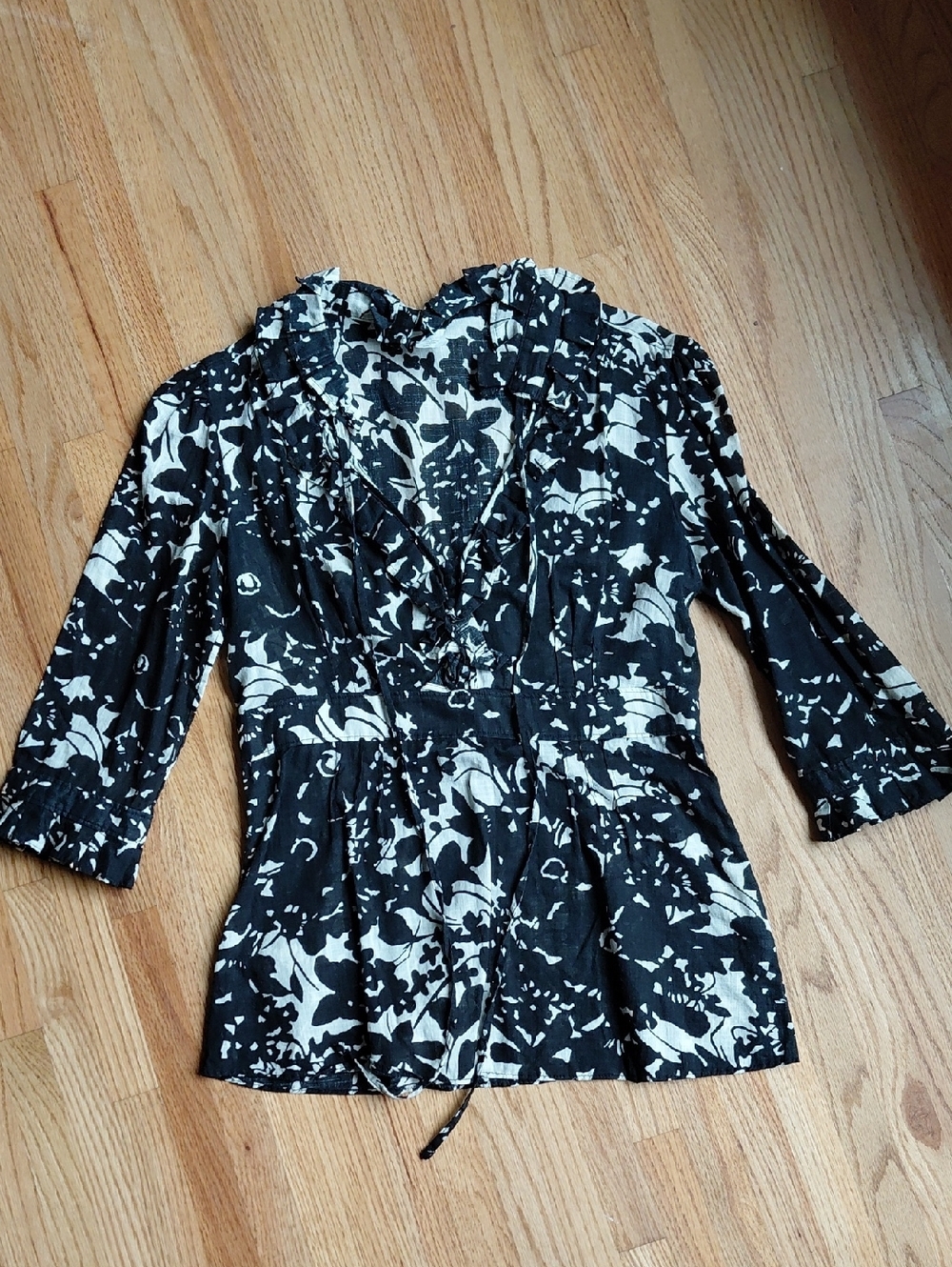 J Crew Black and Cream Floral Ruffle V-Neck Blouse